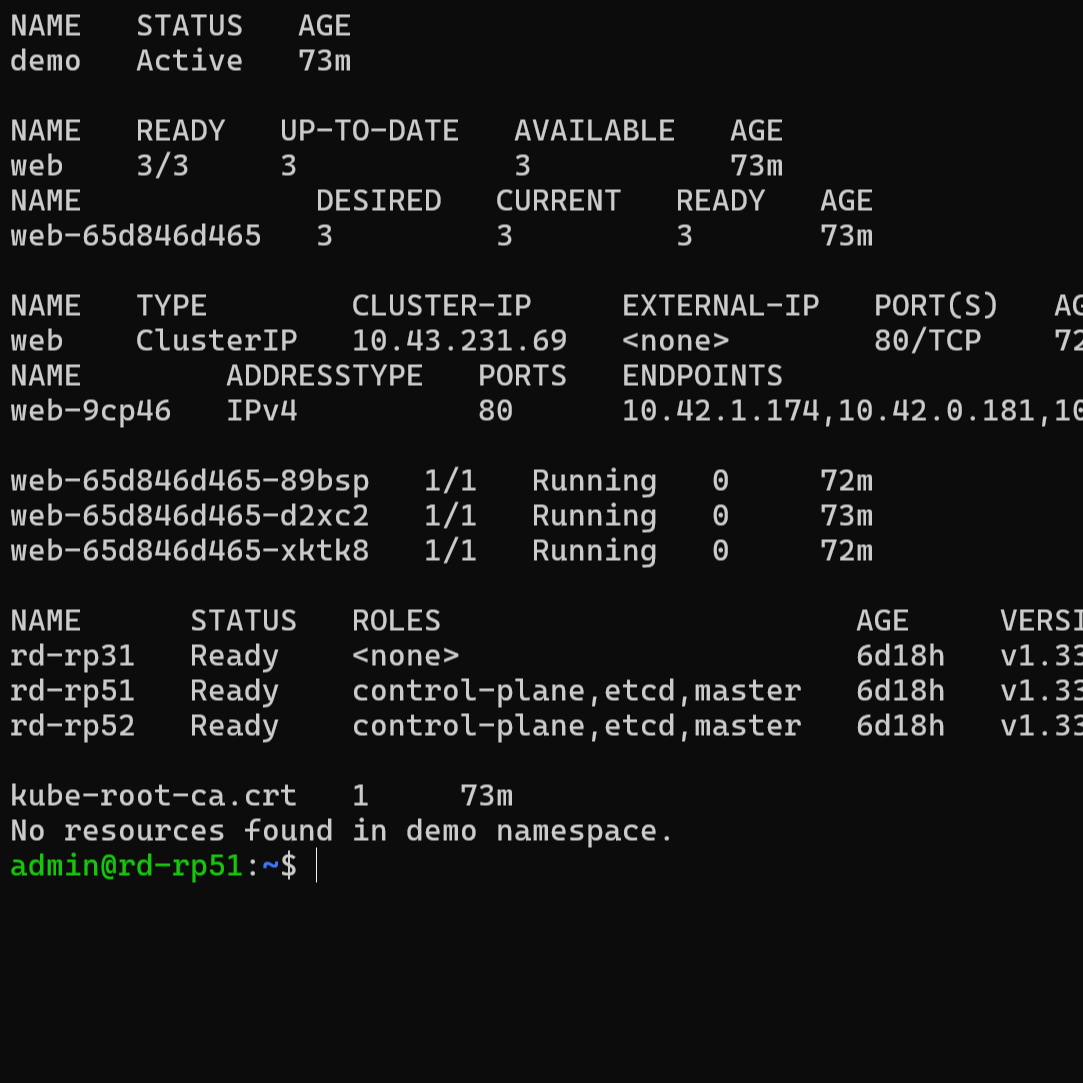 kubectl output showing deployment, service, and pods on a k3s demo cluster